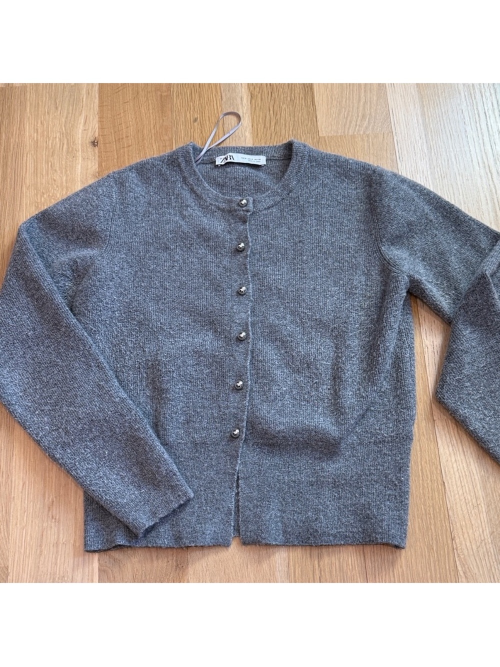 Zara Gray Button-Front Crewneck Cardigan